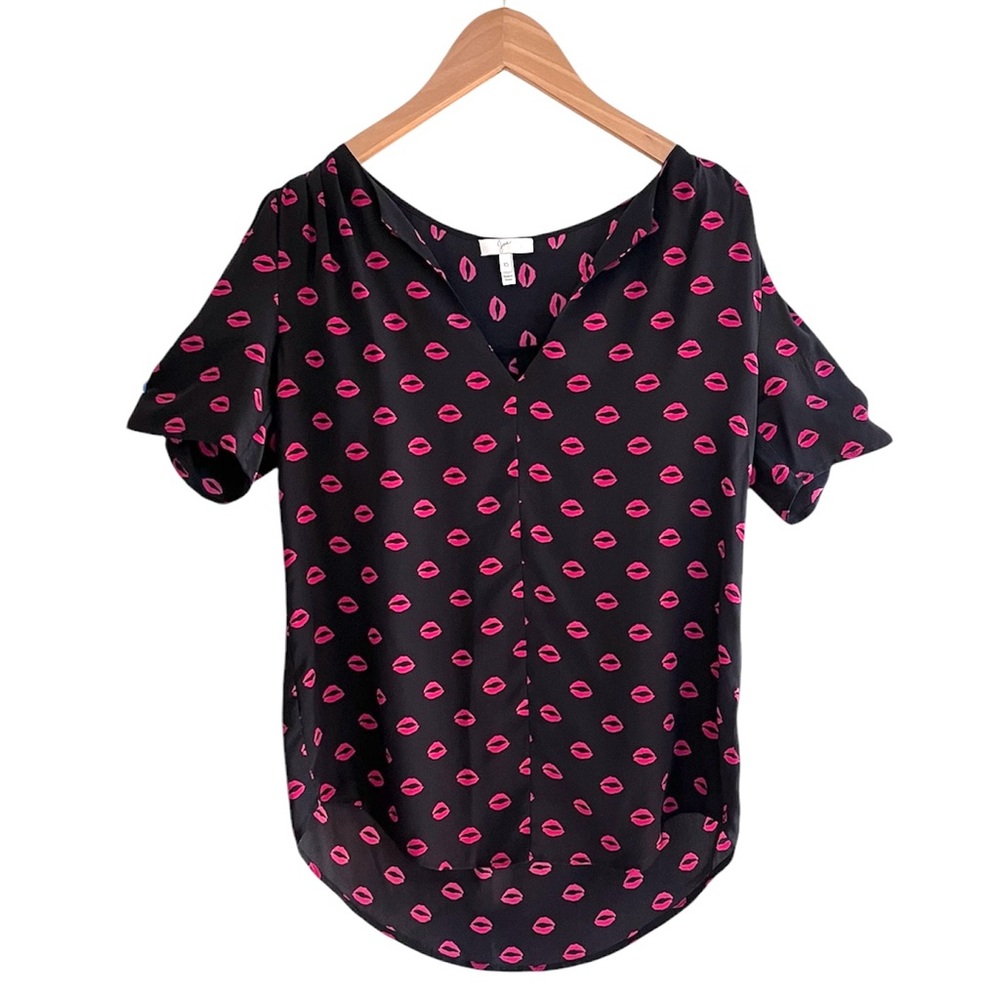 Joie Black Pink Lips Kiss XO Short Sleeve Silk Blouse XS